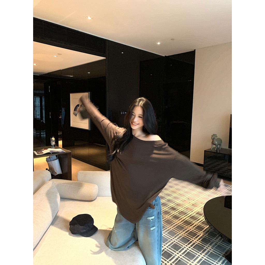 ⭐Soroh⭐เสื้อยืด แขนยาว ปาดไหล่ สีทึบ ทรงหลวม ผ้านิ่ม เสื้อผ้าผู้หญิง สไตล์เกาหลี ใส่สบาย#FY5039#1 - รูปที่ 5