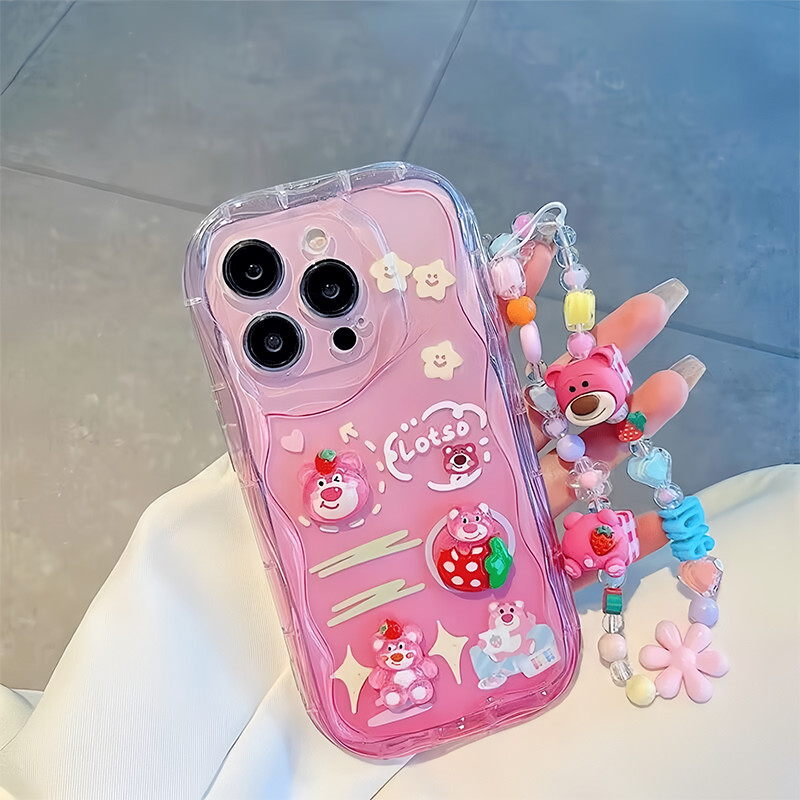 3D สตรอเบอร์รี่หมีล็อตโซ่สําหรับ Motorola Moto G60 G53 G52 G30 E14 E13 E32 Edge 50 Fusion Pro E22 G3