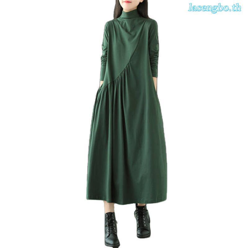 Tdg ชุดเดรสกระโปรง แขนยาว คอเต่า เอวสูง ทรงหลวม ขนาดใหญ่ สีพื้น สําหรับสตรี