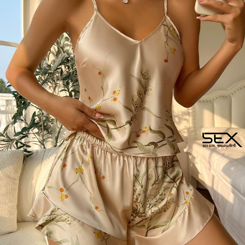 Sexy Girl🍂🍂ชุดนอนผ้าซาตินวินเทจ ชุดนอนสองชิ้น หลายสี เนื้อผ้าเรียบ สวมใส่สบาย.