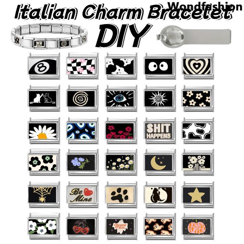 พิมพ์ภาพสีฟ้าชุดอิตาเลี่ยนสร้อยข้อมือ Charm Fit 9 มม.สร้อยข้อมือสแตนเลส DIY เครื่องประดับทําอุปกรณ์เสริม Retro บุคลิกภาพโมดูลสร้อยข้อมืออุปกรณ์เสริม