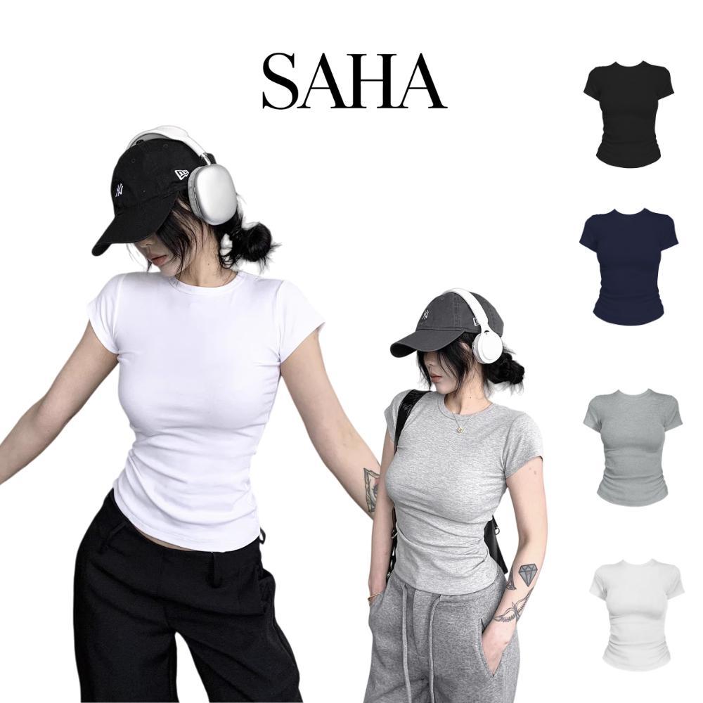 SAHAเสื้อยืดแขนสั้นสีเทาคอกลมไหล่ขวาดูดีสำหรับผู้หญิงฤดูใบไม้ผลิและฤดูใบไม้ร่วงสไตล์ใหม่เสื้อคาร์ดาเชี่ยนเดียวกันทรงสลิม