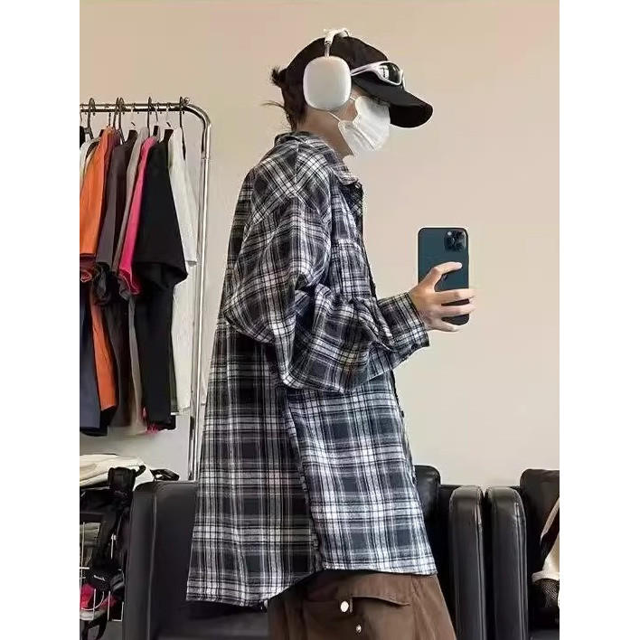 เสื้อลายขอ gq เสื้อเชิ้ต เสื้อเชิ้ตลายสก๊อตสีน้ำเงินกรมท่าสำหรับผู้ชายเสื้อเชิ้ตคอปกลำลองทรงหลวมแบบใ