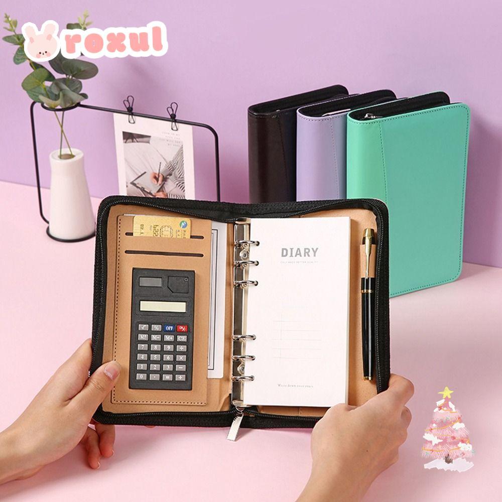 ROXUL Business Notebook, PU Leather Folder Cover A6 Leather Notebook, With Calculator Zipper Bag Loo