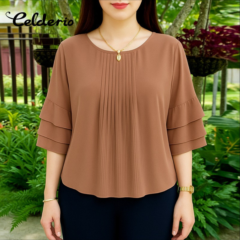 Celderio เสื้อยืดลายระบายสำหรับผู้หญิง แขนยาว ¾ แบบวินเทจ