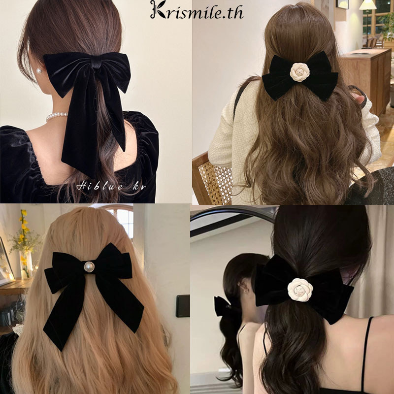 COD-ในไทย💖กิ๊บติดผมใหญ่โบว์ ประดับไข่มุกลายดอกไม้ผ้ากํามะหยี่สีดำย้อนยุคฝรั่งเศสหรูหราแฟชั่นเครื่องประดับผมสไตล์เกาหลี