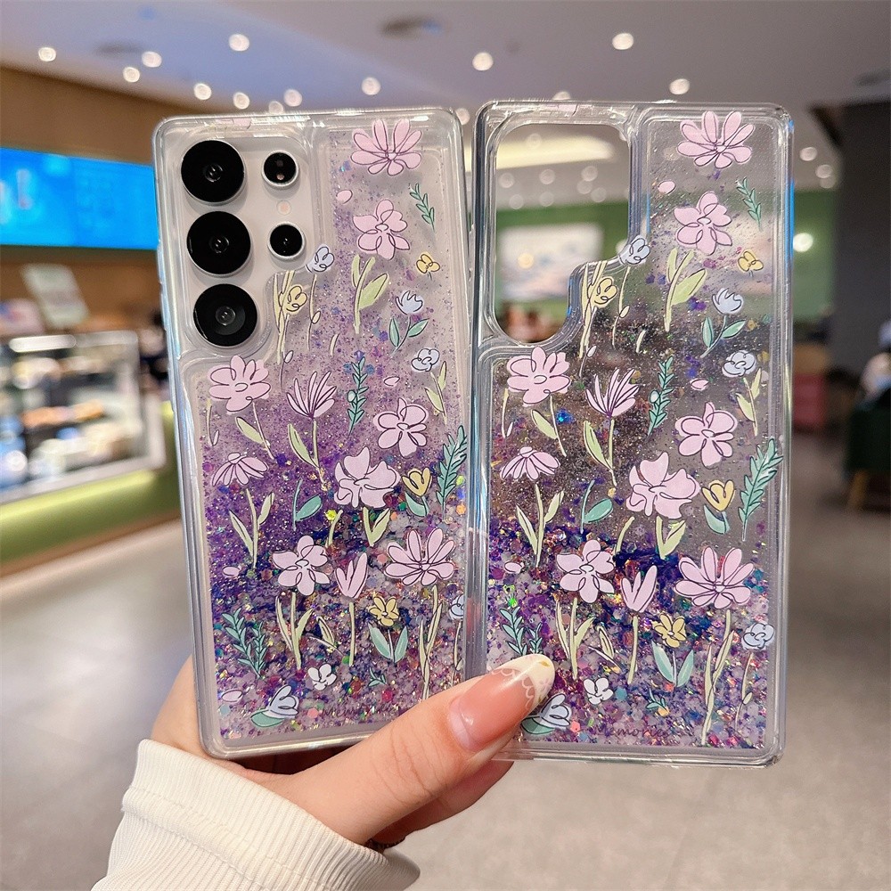 สําหรับ Samsung发Galaxy S25 Ultra S24 Plus S23 S22 หญ้าดอกไม้ลวดลาย Luminous Glitter Quicksand Bling 