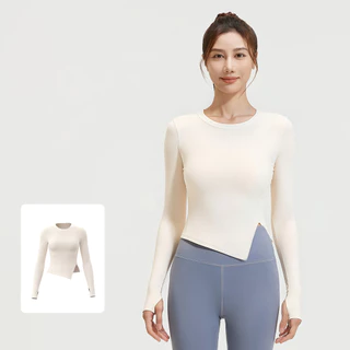 mvp sport เสื้อยืดคอกลมสีพื้น เสื้อกีฬาแขนยาว เสื้อโยคะ ชายผ่า