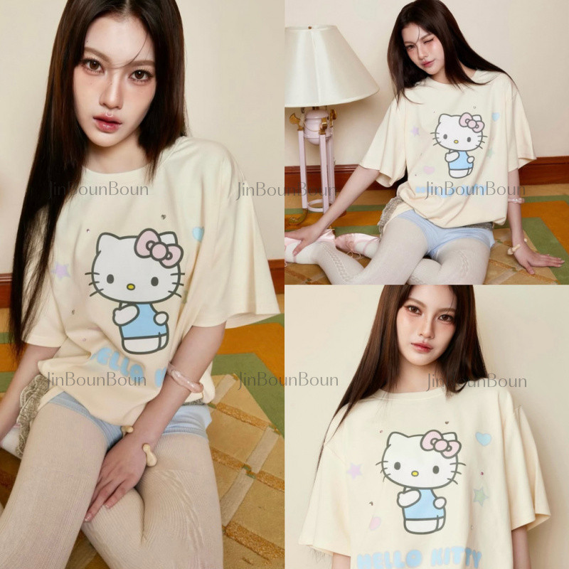 Jbb.Shop | เสื้อ kitty,เกาหลีน่ารัก y2k เสื้อลายแมวผ่อนปรนเสื้อแขนสั้น t shirts