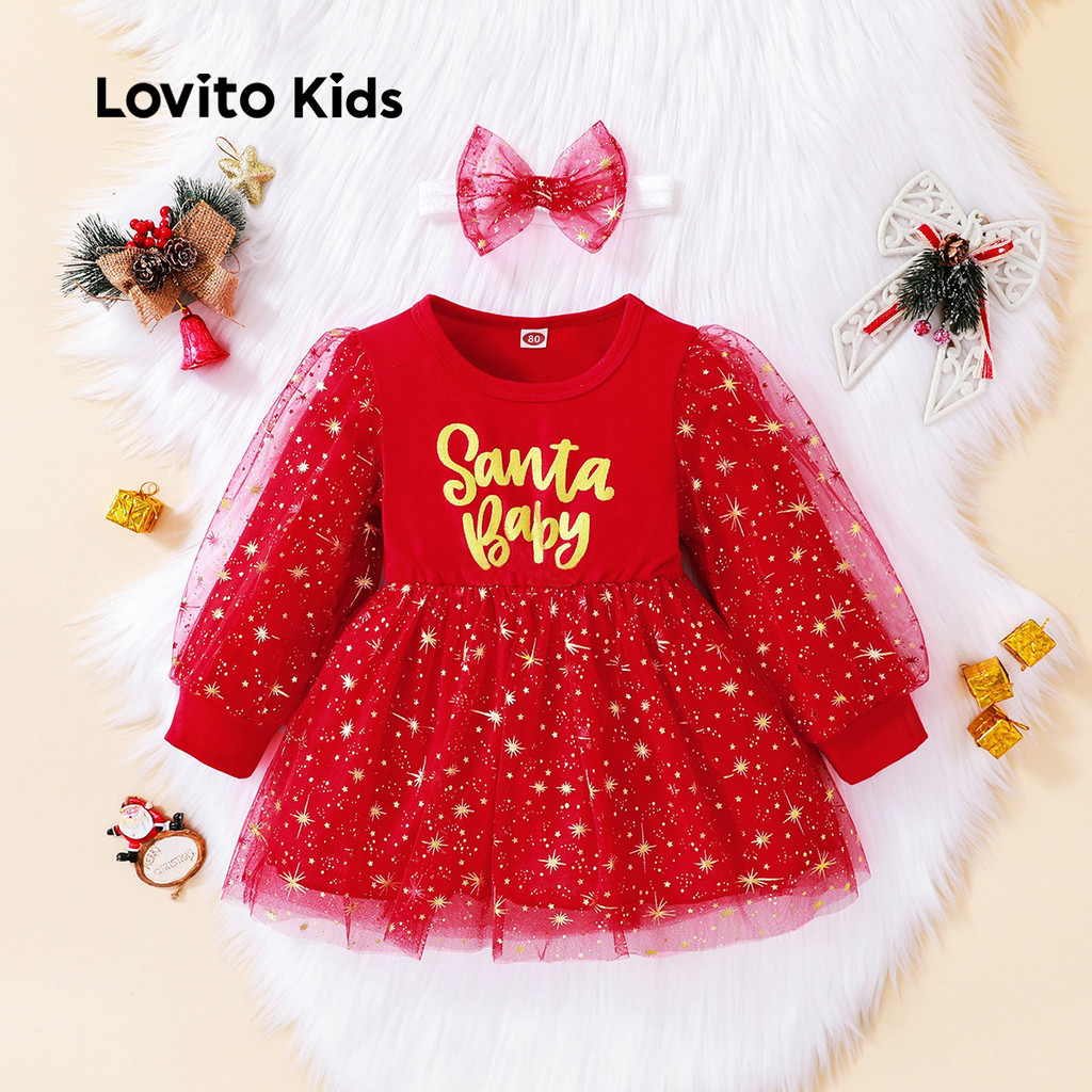 Lovito ชุดเดรสคริสต์มาสน่ารักสำหรับเด็ก ตัดเย็บด้วยผ้า สีแดง สำหรับเด็กผู้หญิง ฤ