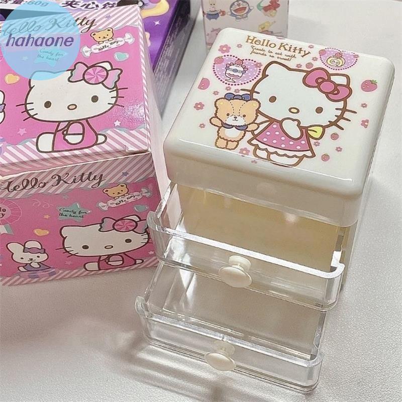 Hahaone การ์ตูน Sanrio เครื่องประดับน่ารัก Hello Kitty ลิ้นชักคู่ประเภทกล่องเก็บเดสก์ท็อปเครื่องสําอางเครื่องประดับ Sundries Arrange กล่องสาวของขวัญ TH