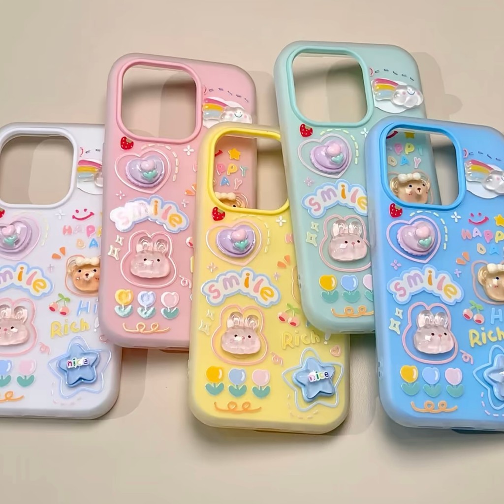 3D ฤดูร้อนหมีและกระต่ายสําหรับเคส iPhone 17 Pro Max 17 Pro 17 16 Pro Max 16 Pro 16 15 Pro Max 15 Pro 15 14 Pro Max 14 Pro 14 13 Pro Max 13 Pro 13 12 Pro 12