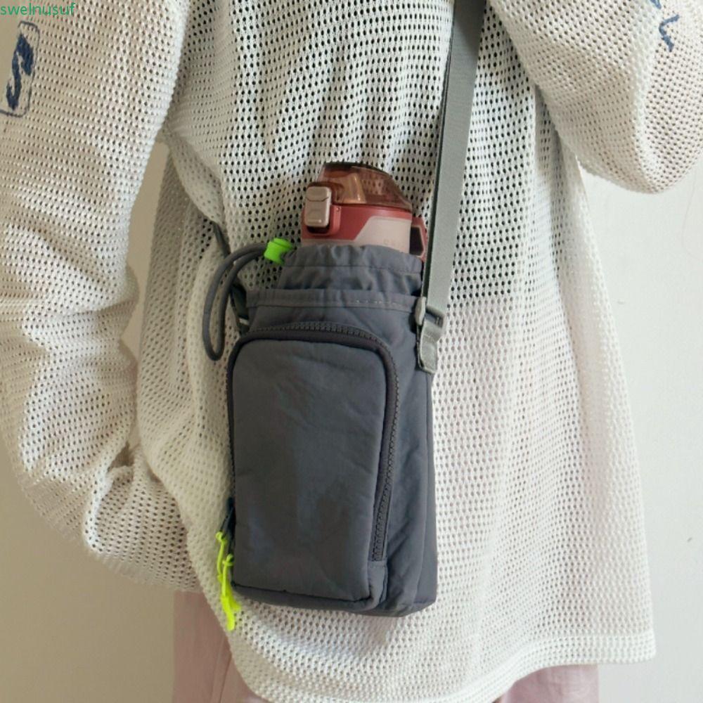 SAUTE กระเป๋าสะพายไนลอน, ฝาครอบถ้วยน้ําขวดน้ํา Holde Drawstring Bag, แฟชั่นสไตล์เกาหลีกระเป๋าถ้วยน้ําสีทึบ Camping Accessory