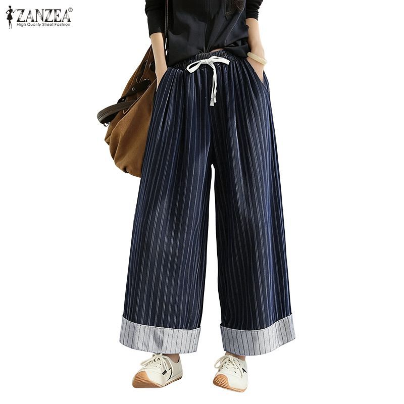 กางเกงขากว้างลายทางสำหรับผู้หญิง สไตล์เกาหลี