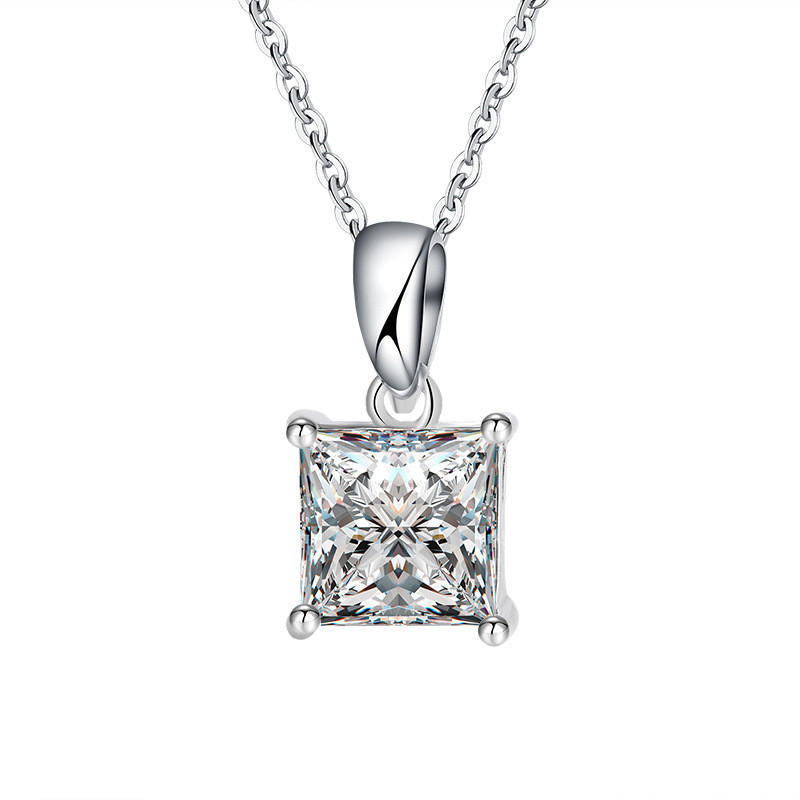 1CT 2CT Princess Square Moissanite จี้สร้อยคอใบรับรอง GRA ในเงินสเตอร์ลิง S925