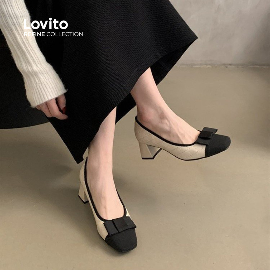 (Lovito Refine) รองเท้าสลิปเปอร์เรือสีบล็อคดีไซน์เรียบหรูมีโบว์ สำหรับผู้หญิง LR14E422