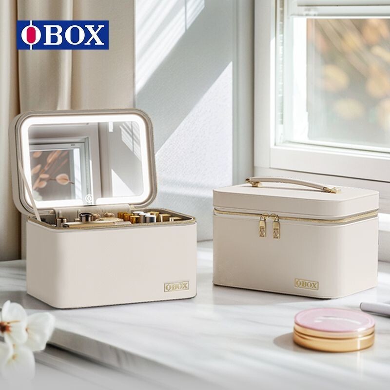 OBOX กระเป๋าเครื่องสําอางพร้อมกระจก ins แบบพกพาสไตล์ใหม่2024กล่องเก็บเครื่องสําอางความงาม