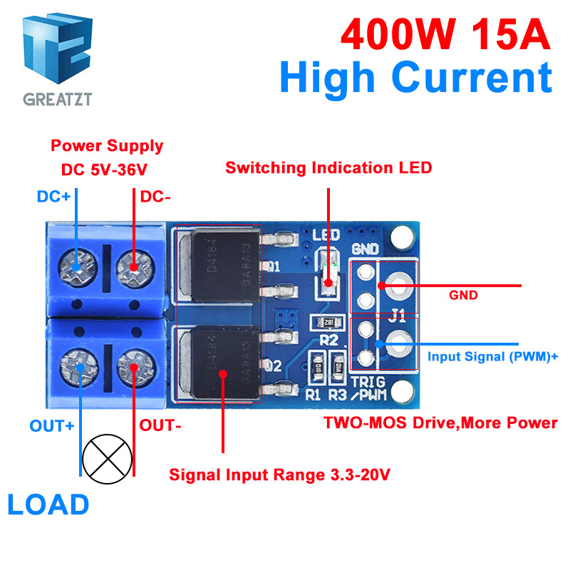 GREATZT 15A 400W MOSFET Trigger Switch โมดูลไดรฟ์ PWM Regulator แผงควบคุม