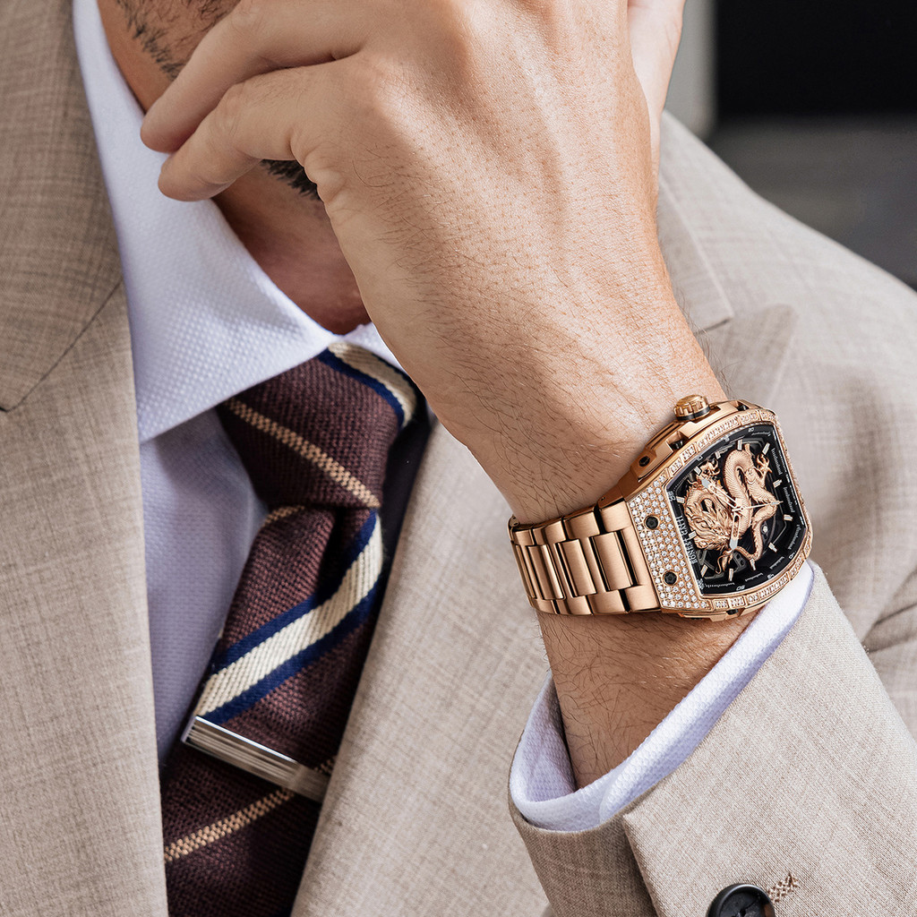 [นาฬิกากลไก] Bugatti ยี่ห้อการค้าต่างประเทศนาฬิกาผู้ชายนาฬิกามังกรนูนเพชร Classy Barrel-Shaped Mecha