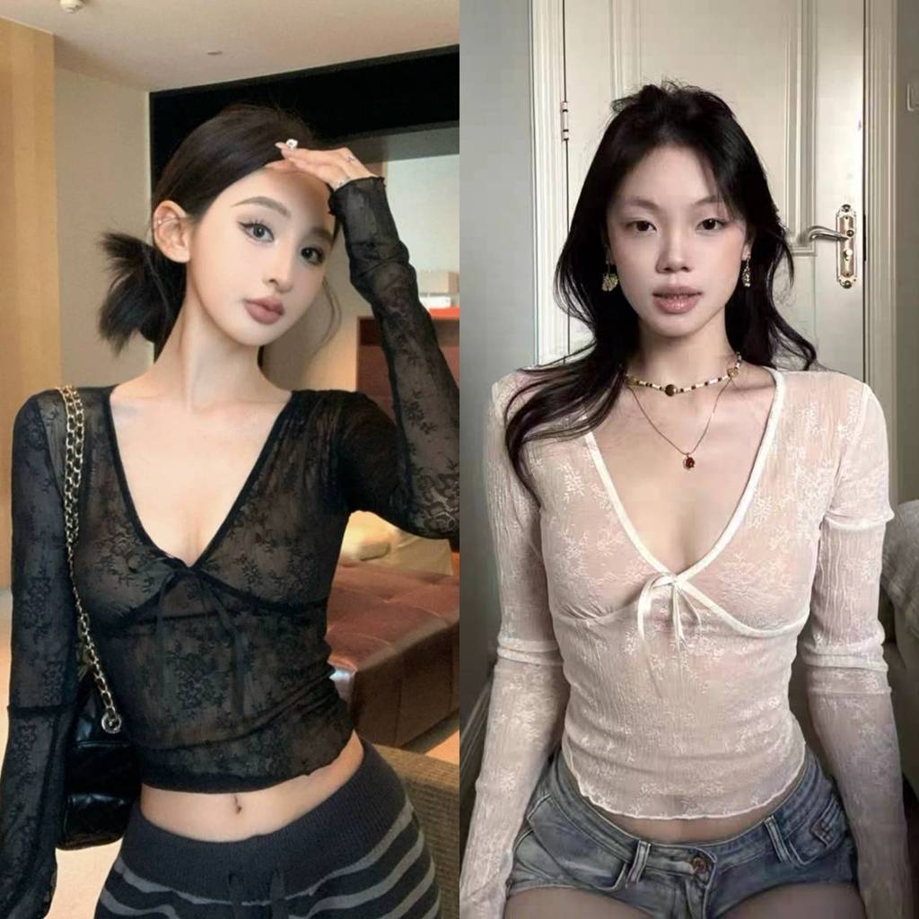 💖Evelyn💖เสื้อลูกไม้แขนยาวคอวี สีพื้น เซ็กซี่ เสื้อแฟชั่น ใส่สบาย สไตล์เกาหลี ผ้านิ่ม ผู้หญิง พร้อมส่ง