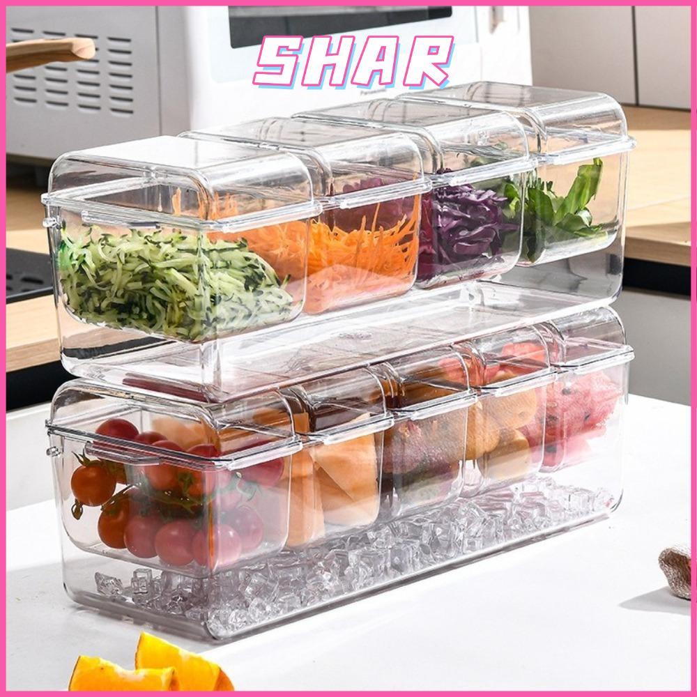 SHAR กล่องเย็นสด, พลาสติก 4/5 กริดกล่องเก็บตู้เย็น, ถาดเครื่องปรุงโปร่งใสสองชั้นที่ถอดออกได้