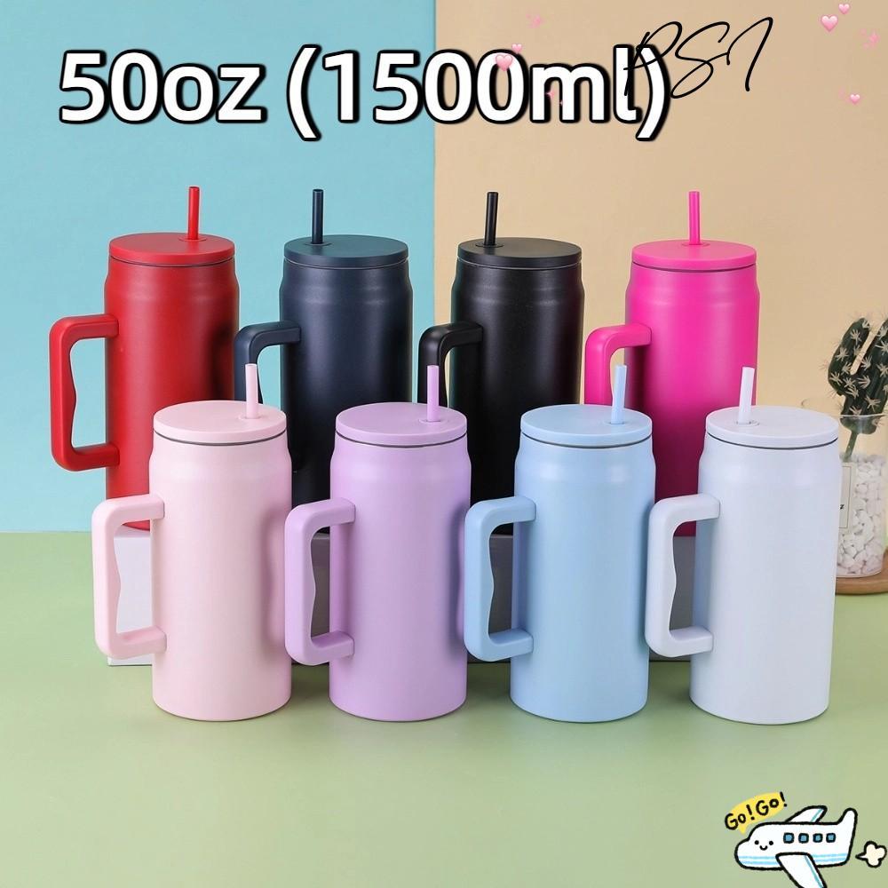 ถ้วยเก็บความร้อนรถ ปอนด์ต่อตารางนิ้ว ขวดน้ําขนาด 50 ออนซ์แบบเรียบง่ายทันสมัยพร้อมที่จับและฝาปิดฟางถ้วยเก็บความร้อนสแตนเลสแบบใช้ซ้ําได้