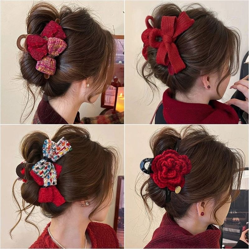 โบว์คลิปหนีบแบบย้อนยุค สไตล์ฉลามสีแดง สำหรับเทศกาลปีใหม่