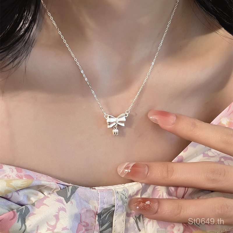 สร้อยคอ s925 Lily of the Valley ดอกไม้โบว์ Frosted High-End Sweet Fairy สร้อยคอ Clavicle Chain เงินส