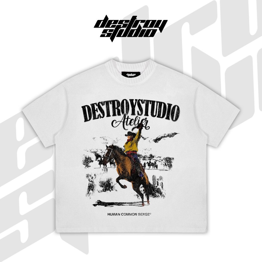แบรนด์ท้องถิ่น DESTROY STUDIO Human Common Sense เสื้อยืด - เสื้อยืด Boxy หลวม Unisex 250Gsm Cotton