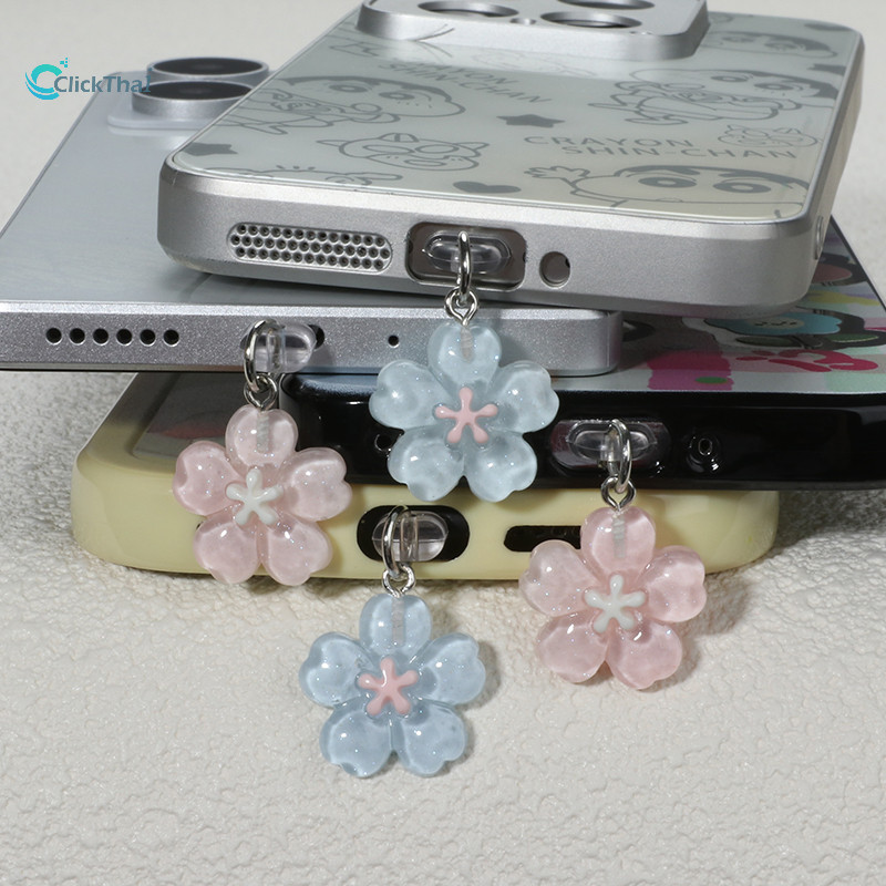 จุกกันฝุ่นโทรศัพท์ type c จุกกันฝุ่น iphoneIce โปร่งใส Cherry Blossom โทรศัพท์ปลั๊กฝุ่นจี้น่ารักโทรศัพท์ชาร์จพอร์ตจี้