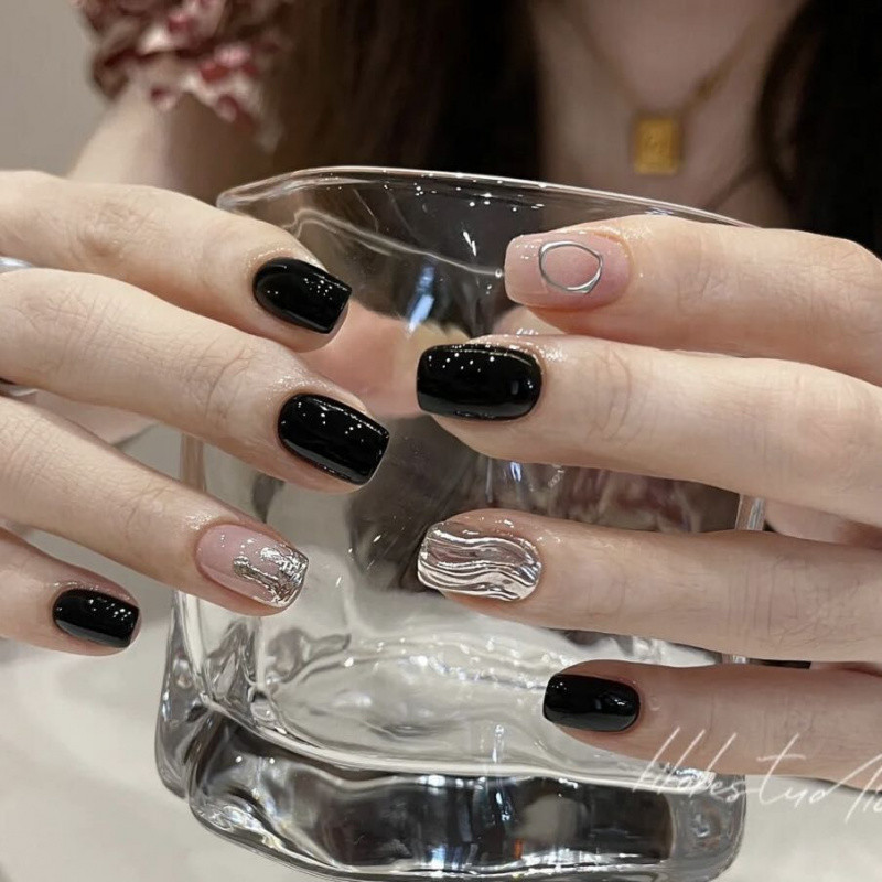 แผ่นสติ๊กเกอร์เล็บเจล UV ทำมือล้วน ขาวใส หรูหรา สีดำ หวาน เท่