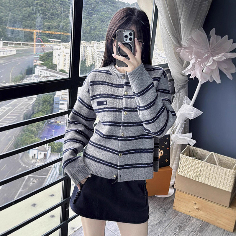 NGNK M1u*mm Wear2025Spring and Autumn New Color-Block Striped Knitted Cardigan for Women Loose Casua