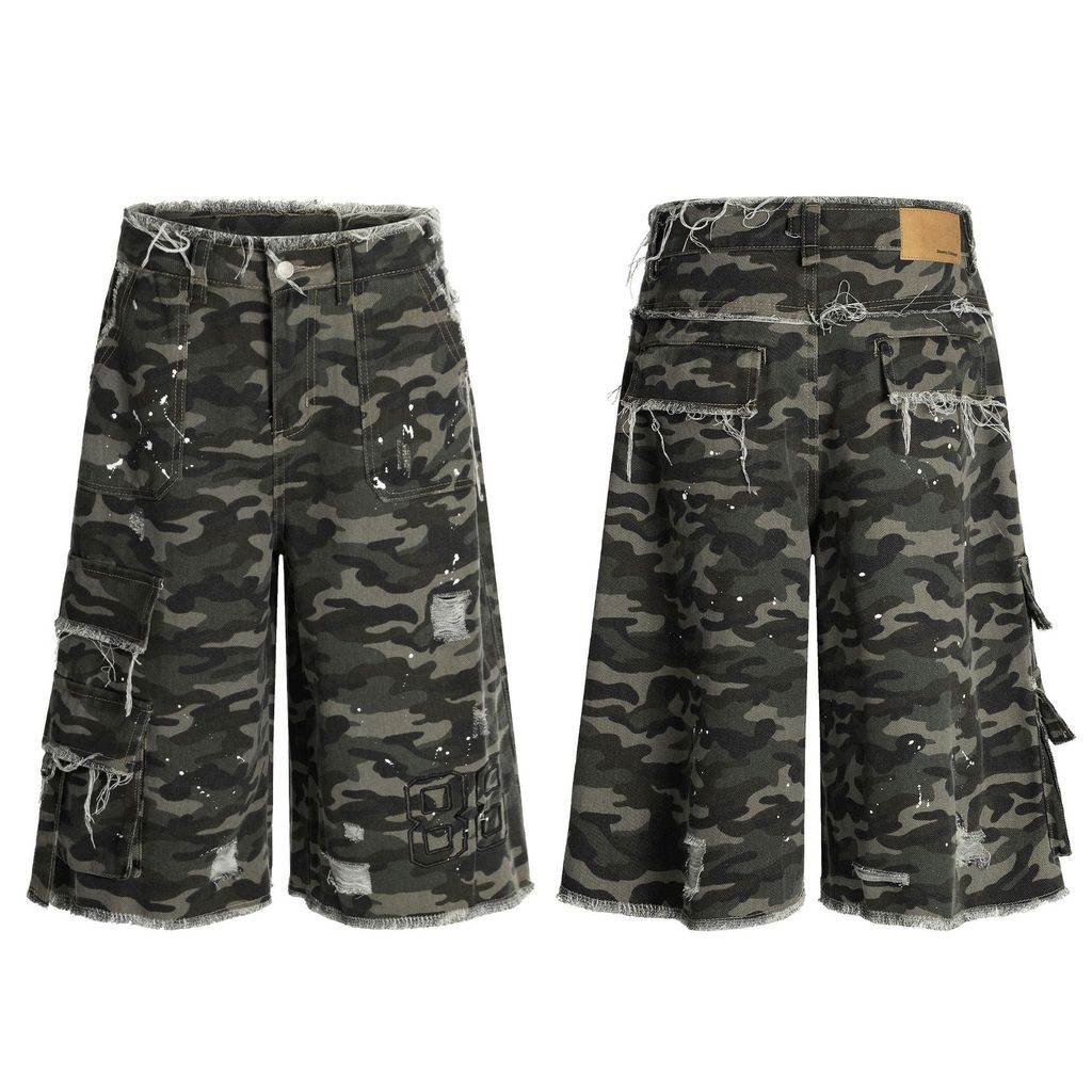 Vintage Camo Baggy Jorts Retro Splash Ink Camouflage Ripped กางเกงขาสั้นฤดูร้อนกางเกงตัดตรง