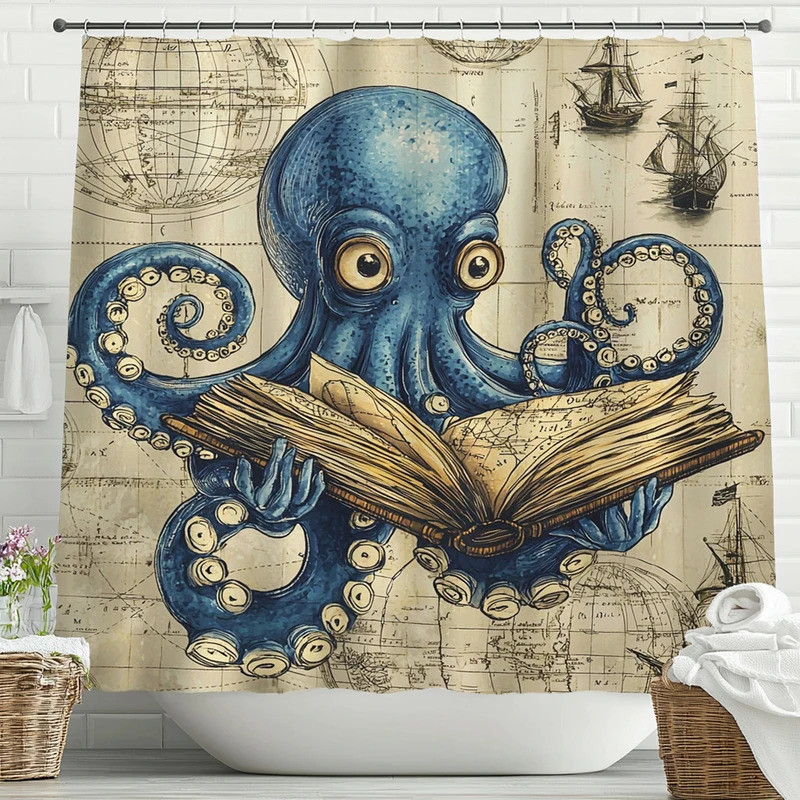 Fun and nautical octopus reading books Shower Curtain, Bathroom Decorative Shower Curtain, Waterproo