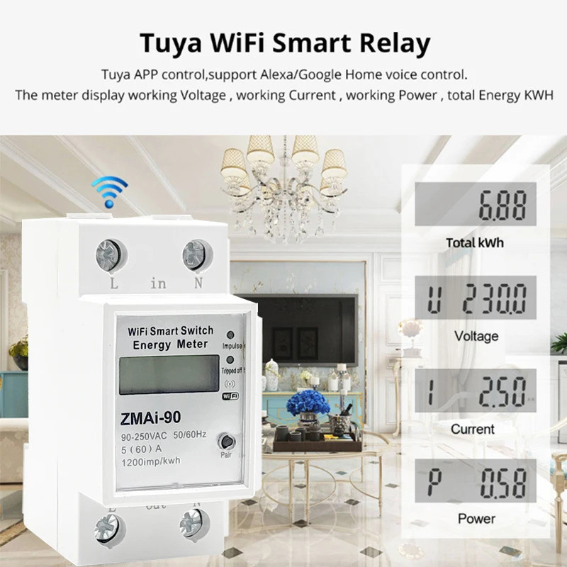 5(60)a Wifi Kwh Meter การใช้ไฟฟ้าดิจิตอล Kwh Din Rail เครื่องวัดพลังงานอัจฉริยะ Wifi Power Meter พร้