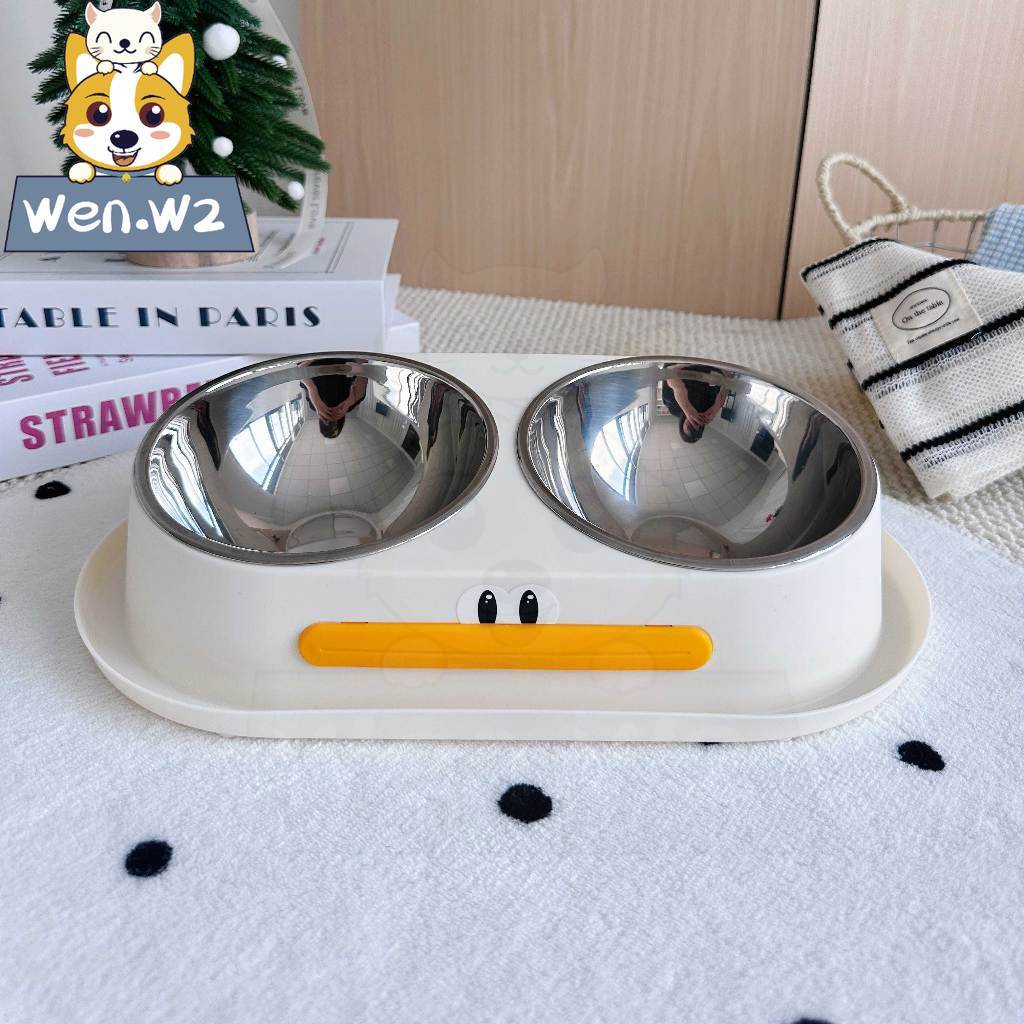 wen.W2 ชามใส่น้ำสแตนเลส 2 ใบชามพลาสติกป้องกันการรั่วซึมฝาพลาสติกป้องกันการลื่น ที่คอให้อาหาร