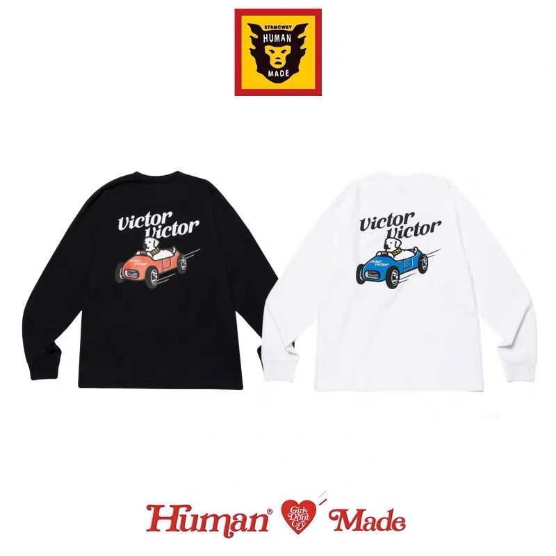 HUMAN MA Puppy Racing ผ้าฝ้ายแขนยาวเสื้อยืดลูกเรือสำหรับทั้งผู้ชายและผู้หญิง