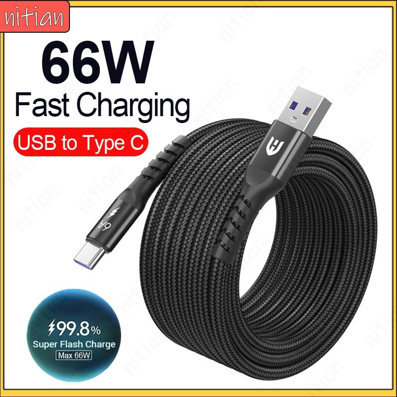 6A 2M 3M 5M USB ถึง Type C สายเคเบิลข้อมูลแบบถัก 66W Super Fast สายชาร์จถ่ายโอนข้อมูล Quick Charge สายชาร์จโทรศัพท์