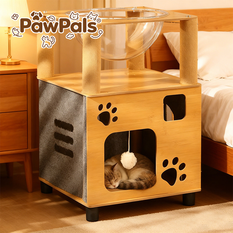 PawPals 2IN1บ้านแมวอเนกประสงค์ โต๊ะข้างเตียง บ้านแมว หลุมนอนแมว คอนโดแมว ประหยัดพื้นที่ วัสดุที่เป็นไม้