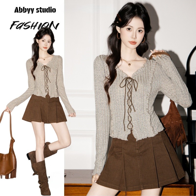 Abbyy🩵 พร้อมส่ง✨เสื้อกันหนาวแฟชั่นเกาหลีเรียบหรู คอวีแขนยาวผู้หญิงแต่งเซื่อกผูกสีน้ำตาลงานสวยเสื้อแขนยาวผู้หญิง