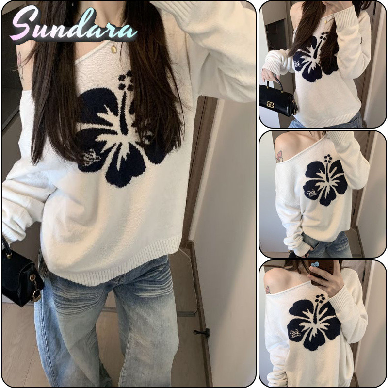 เสื้อกันหนาวแขนยาวสำหรับผู้หญิงสไตล์เกาหลี ทำจากผ้าแจ็คการ์ด มีการออกแบบเป็นปิดไหล่ด้านบน