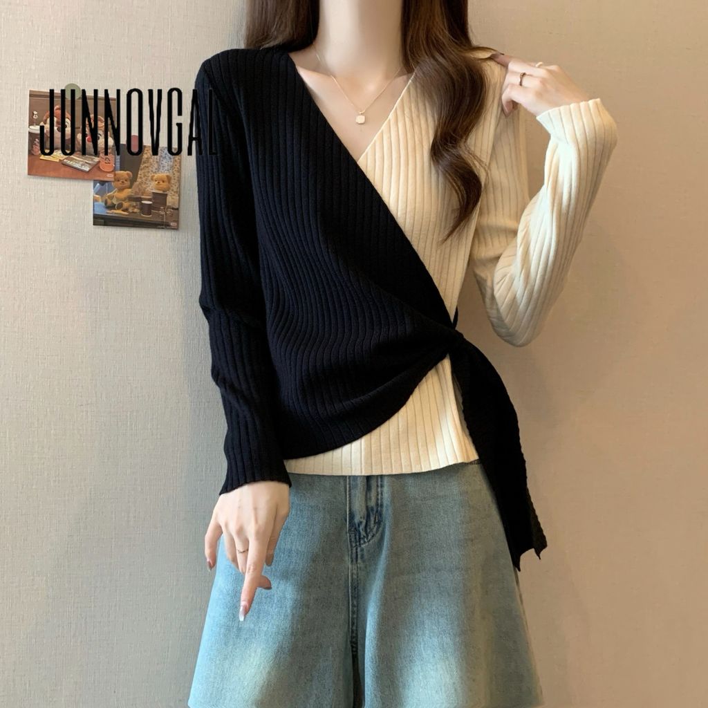 JUNNOVGAL เสื้อแฟชั่นแขนยาวแบบ V คอ สำหรับผู้หญิงปี  สไตล์ Y2K