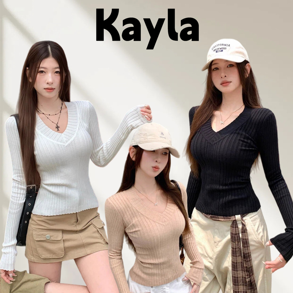 🖤Kayla🖤เสื้อยืด สีพื้น แขนยาว คอวี เข้ารูป ผ้าไหมพรม เสื้อผ้าสตรี สไตล์เกาหลี แฟชั่น ใส่สบาย#CY6307