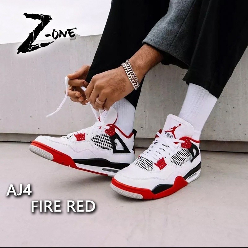 รองเท้าบาสเก็ตบอล AJ4 "Fire Red" ของแท้ 100% รองเท้าผ้าใบสําหรับผู้ชายผู้หญิงพร้อมกล่อง