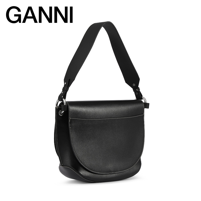 [Double 12 Carnival] Ganni Female Bag Black Letter Shoulder Bag Crossbody Bag Saddle Bag A4474099