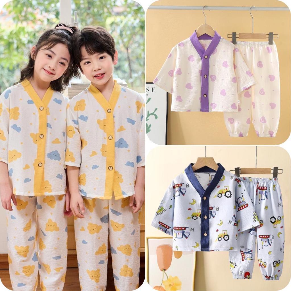 พร้อมส่ง-ชุดนอนเด็ก ชุดนอนกระดุมน่า+กางเกงขายาวชุดนอนห้องแอร์ ผ้าฝ้าย พิมพ์ลายการ์ตูน Size80-120cm D7251