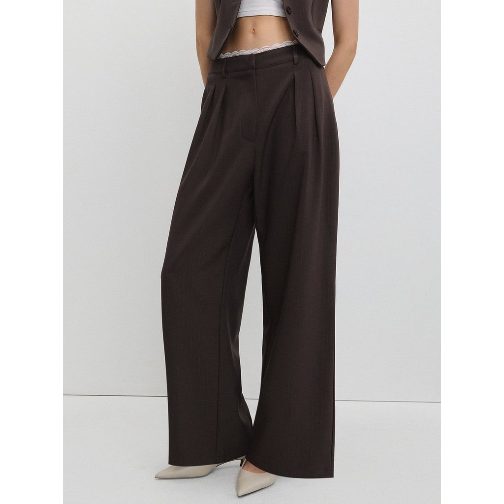 [Pomelo] กางเกงขากว้างเอวแต่งขอบลูกไม้ / Wide-Leg Trousers with Lace Waistband