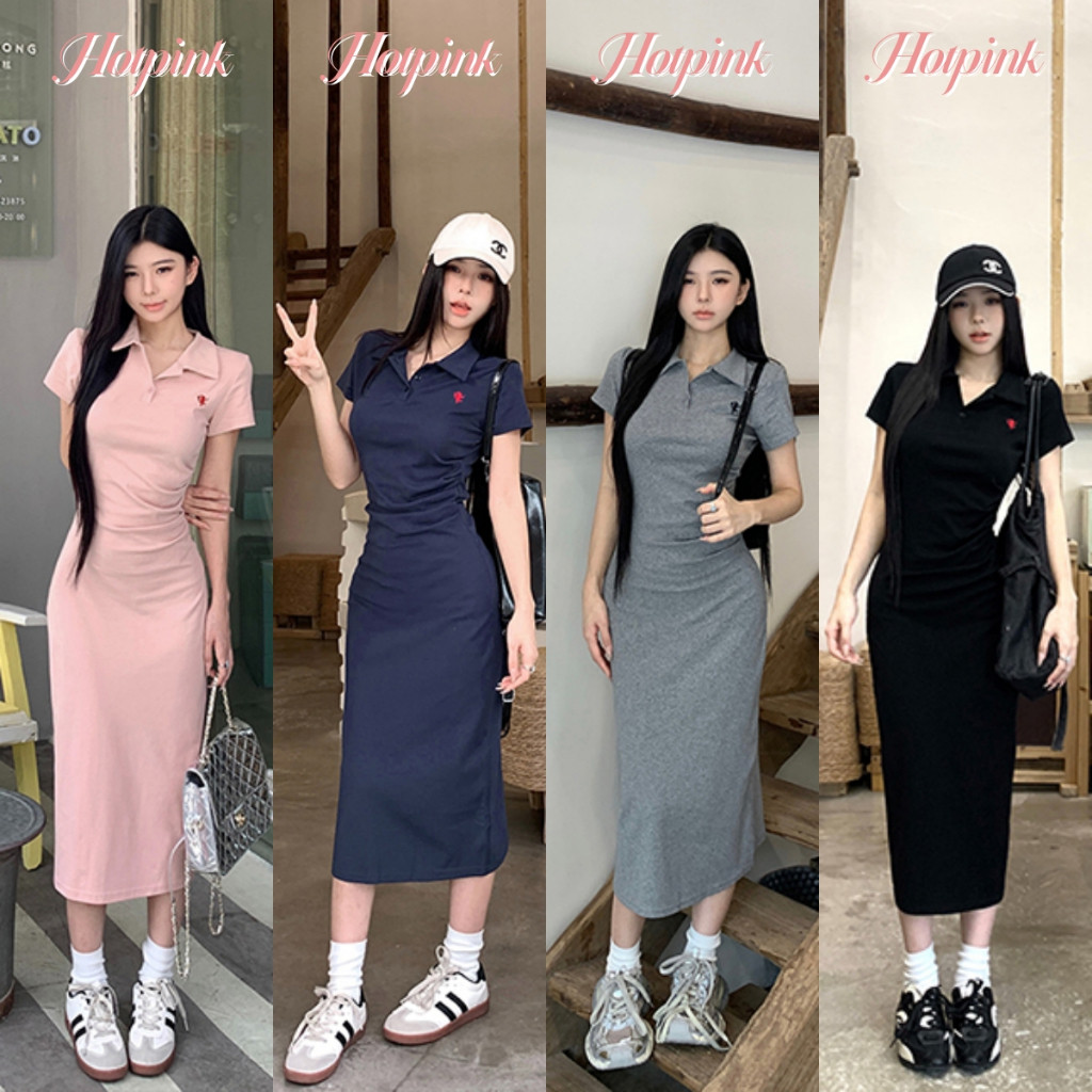Hotpink ส่งจาก Bangkok🔥เดรสปักลาย คอปกโปโล สำหรับผู้หญิง สไตล์ฤดูร้อน แขนสั้น เดรสจับจีบ เดรสจับจีบ สไตล์เอว #2010