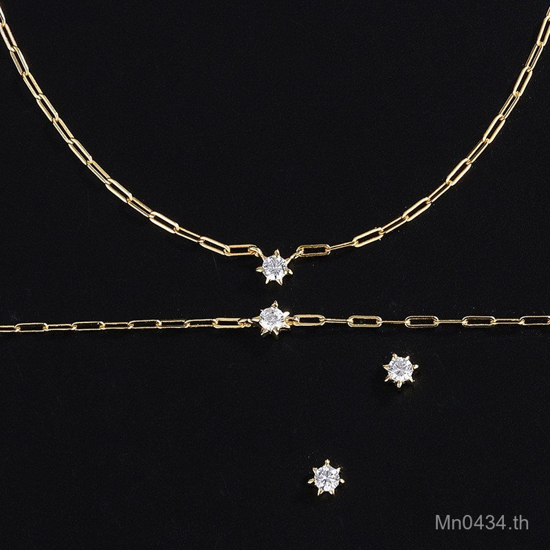 ต่างหูสร้อยคอโซ่ Star Minimalist สไตล์ Claw ชุด I-Shaped s925 เงิน 7 Zircon สร้อยข้อมือญี่ปุ่น Gold-