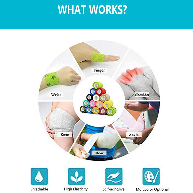 Self กาวกีฬา Wrap Bandage Breathable Cohesive Bandage Wrap Roll ความยืดหยุ่นสูง Self-Adheerent เทป